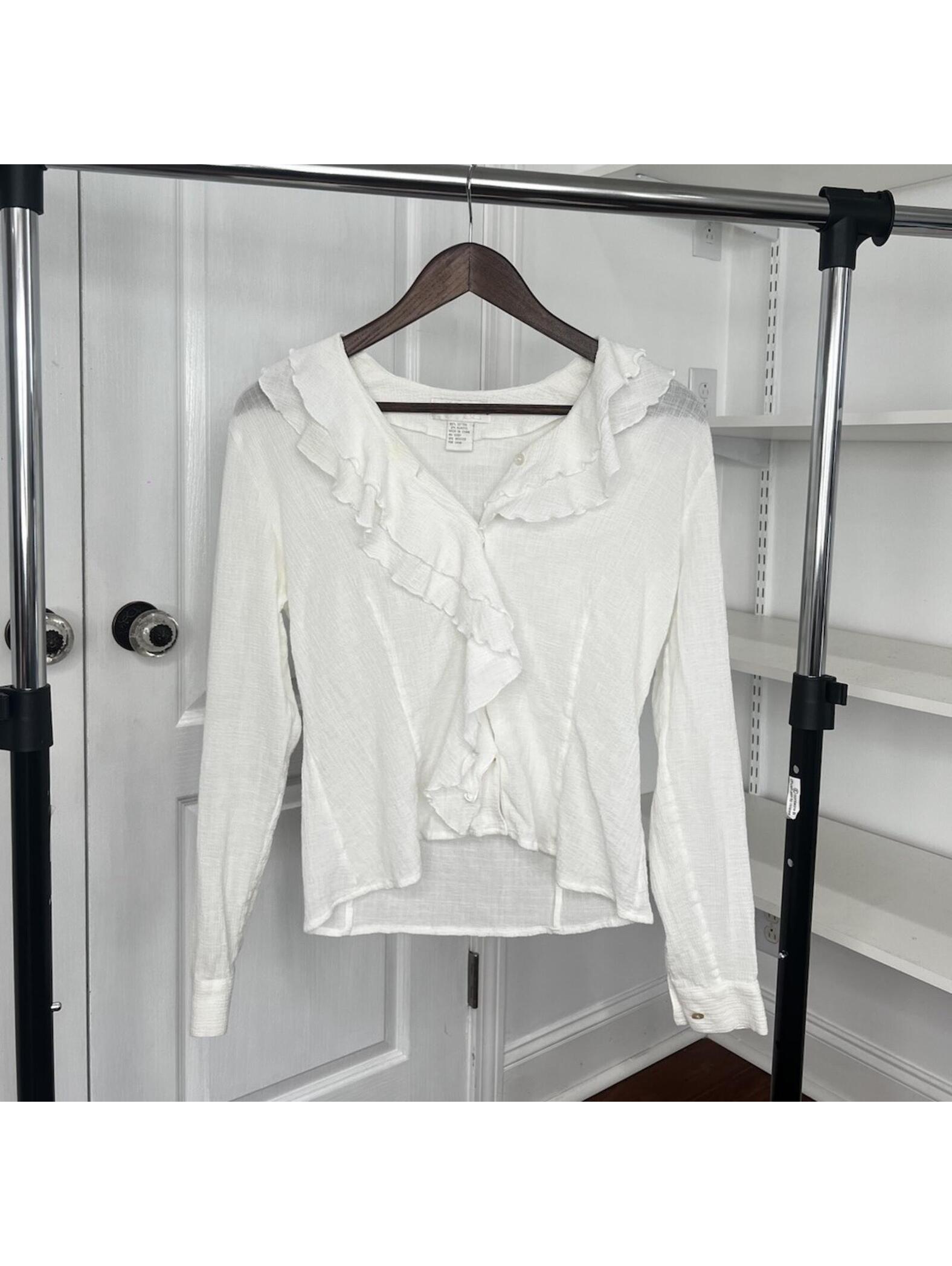 Doncaster Vintage White Cotton Ruffle Blouse Long Sleeve Button V-Neck Shirt